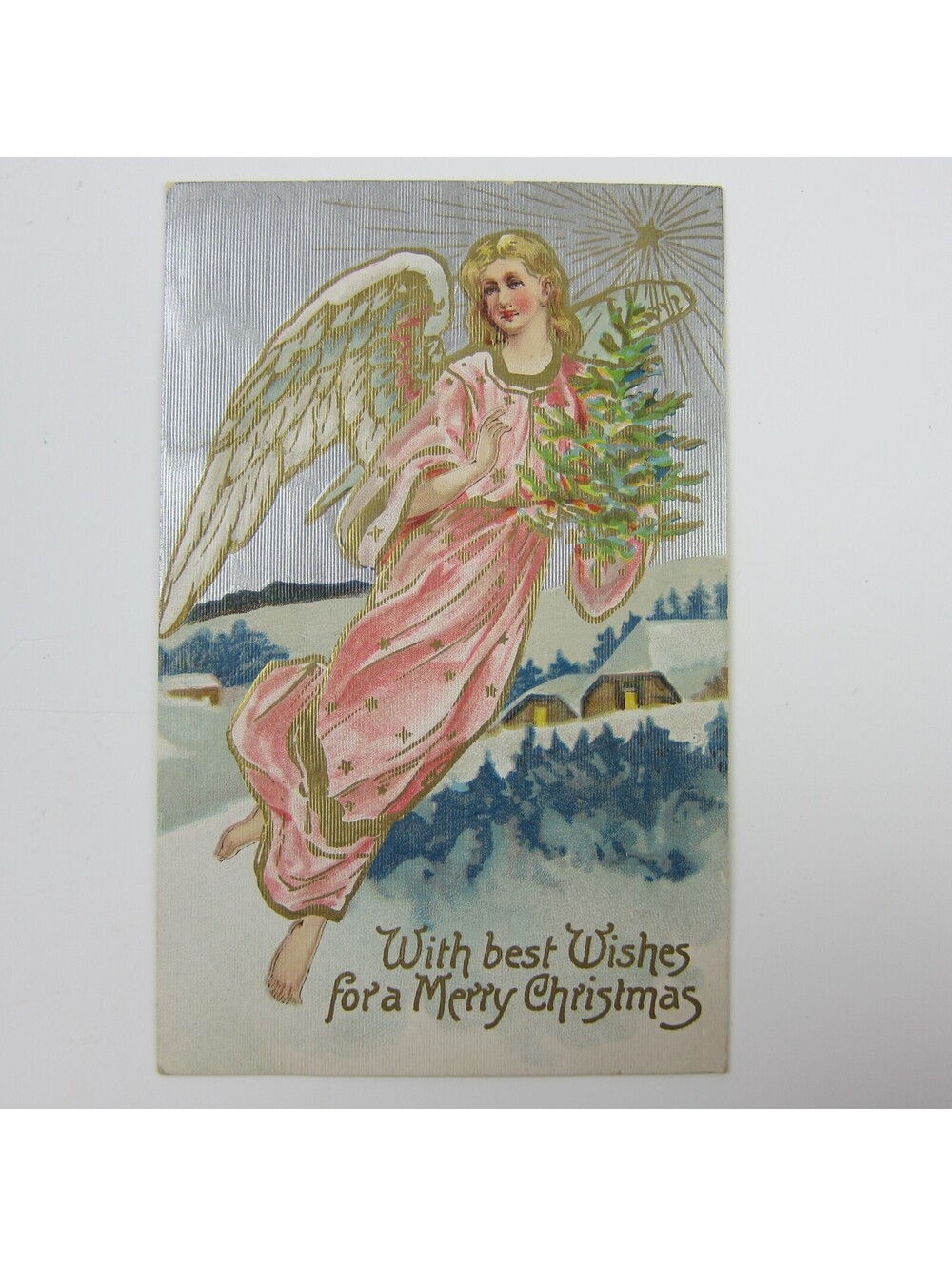 Christmas Postcard Angel Holds Tree Snowy Houses Silver & Gold Embossed Antique